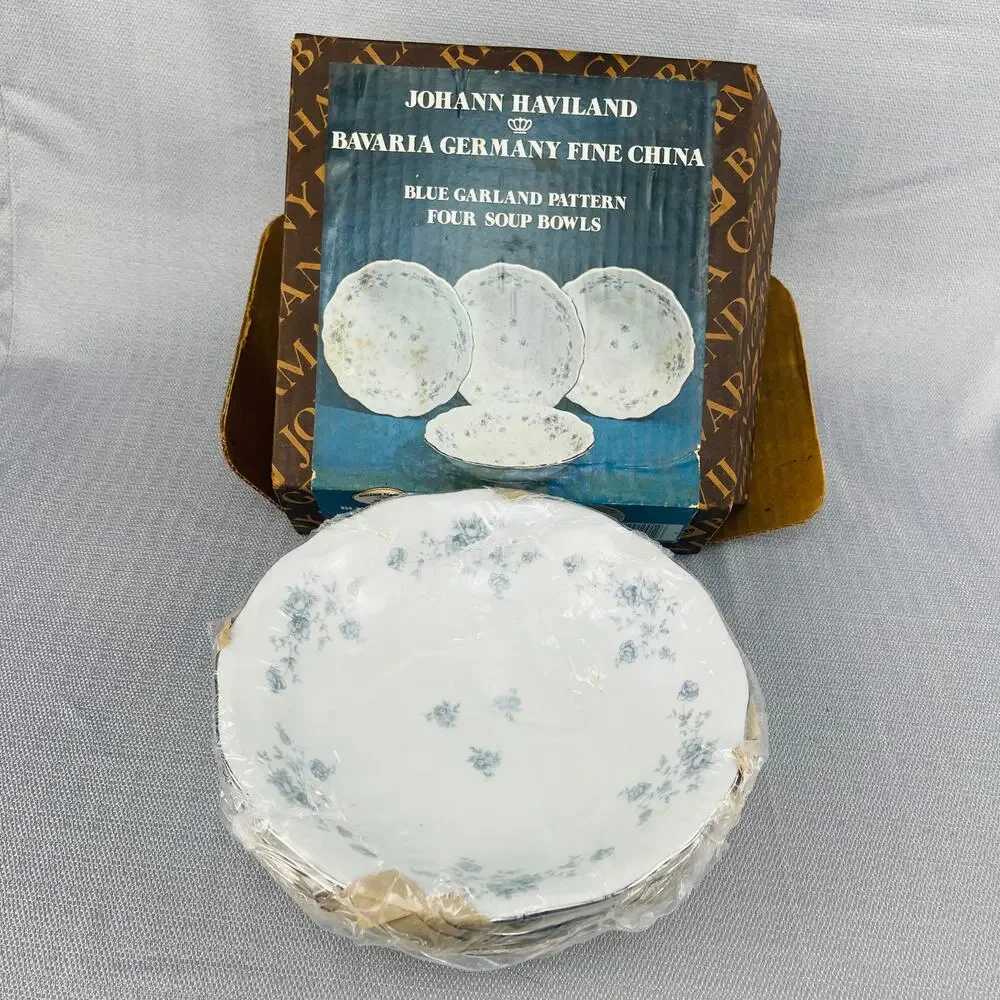 Johann Haviland Four Soup Bowls Blue Garland Pattern Bavaria Germany